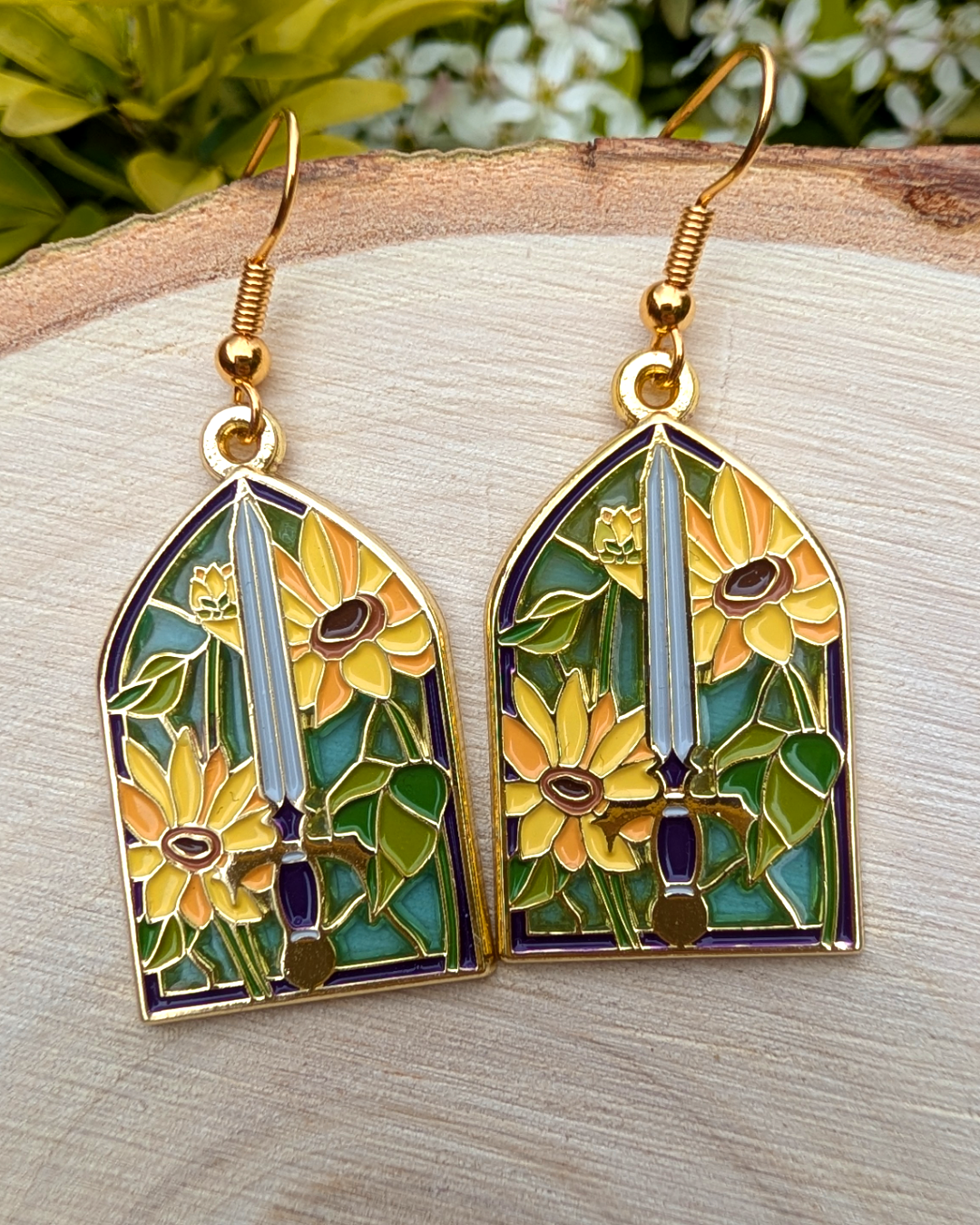 Sunflower & Sword Stained Glass Drop Earrings