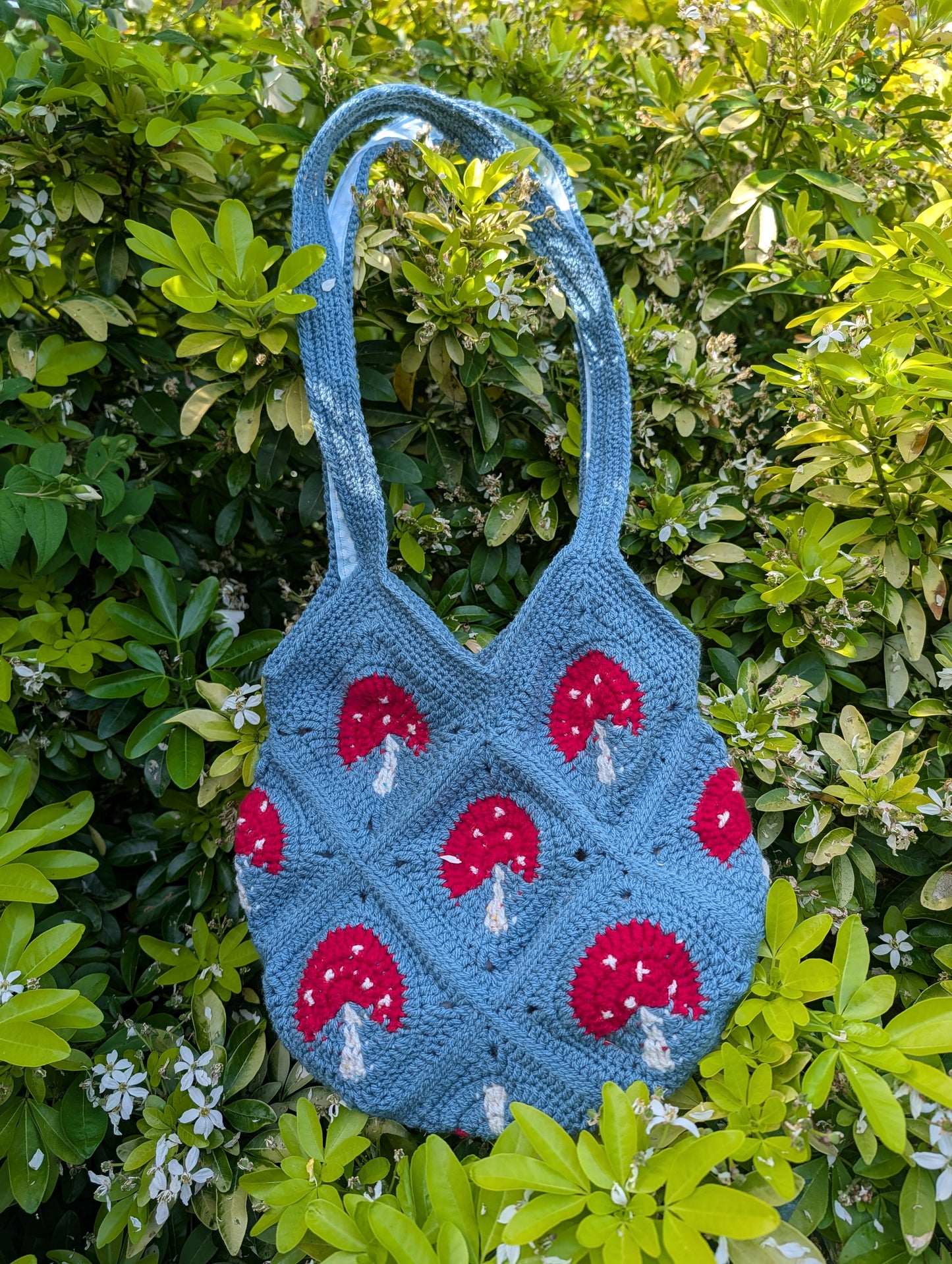 Toadstool blue crochet granny square tote