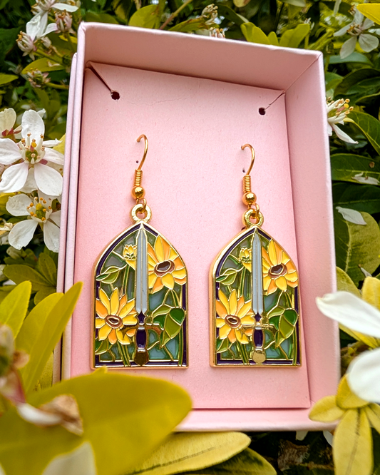 Sunflower & Sword Stained Glass Drop Earrings