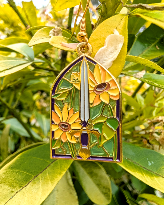 Sunflower & Sword Stained Glass Drop Earrings