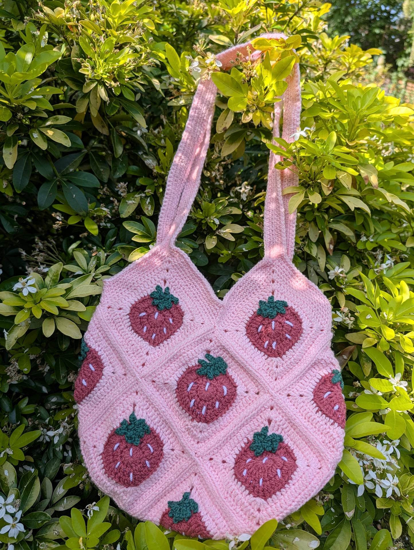 Strawberry pink crochet granny square tote