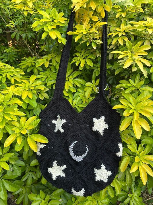 Moon & star crochet granny square tote