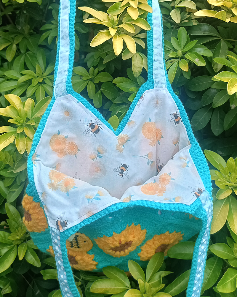 Sunflowers & bees teal crochet granny square tote