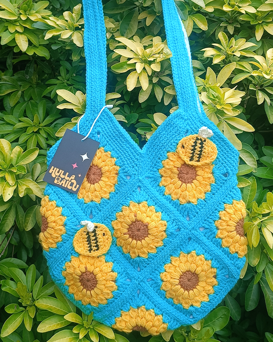 Sunflowers & bees teal crochet granny square tote