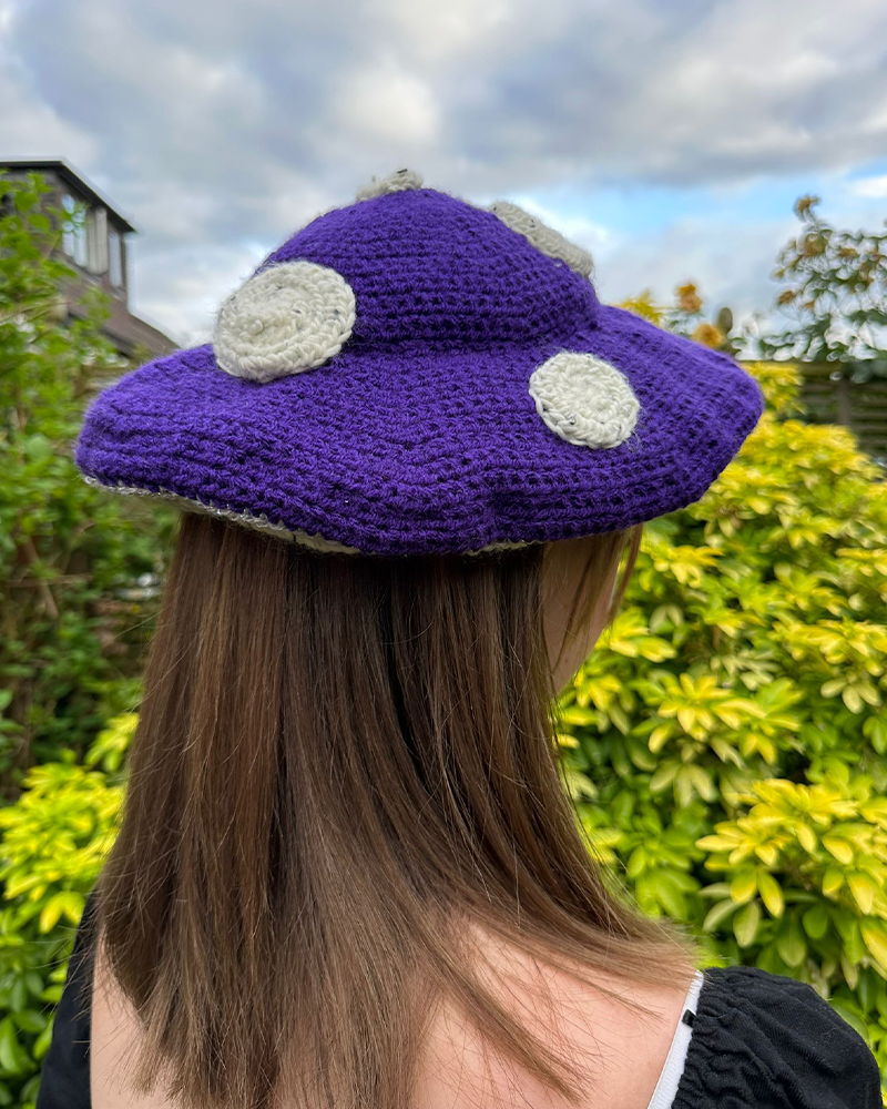 Purple sparkly toadstool mushroom crochet hat