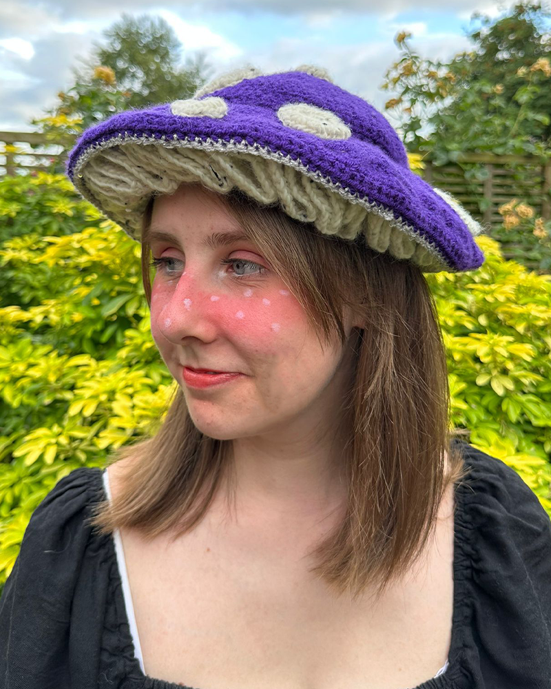 Purple sparkly toadstool mushroom crochet hat