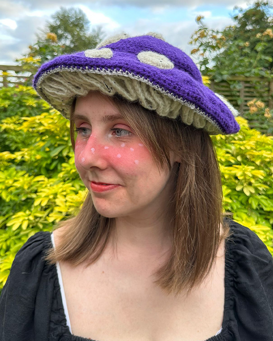 Purple sparkly toadstool mushroom crochet hat