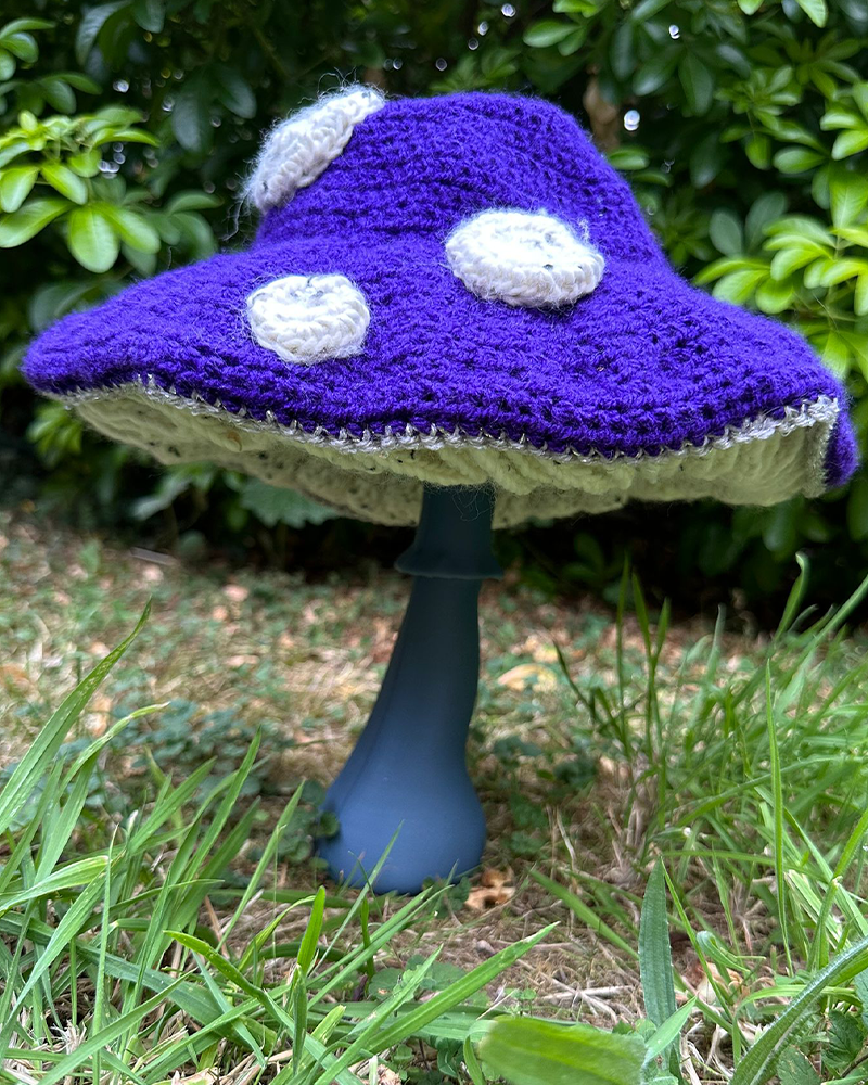 Purple sparkly toadstool mushroom crochet hat