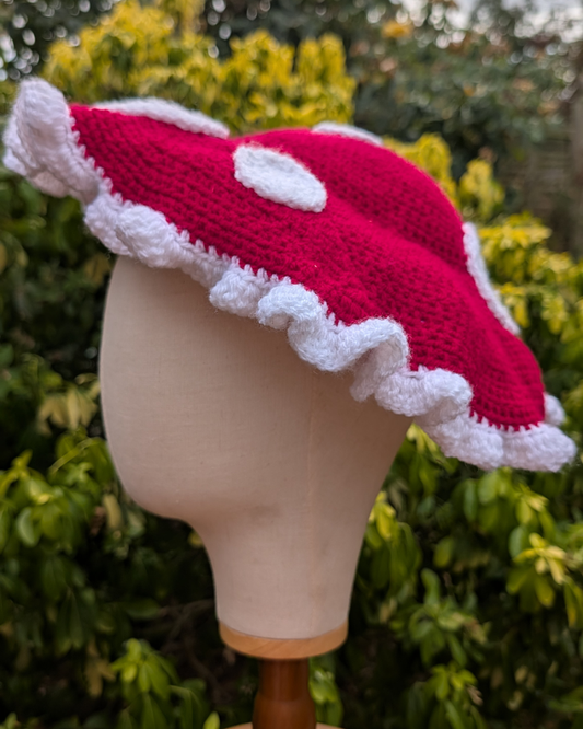 Red ruffle toadstool crochet hat