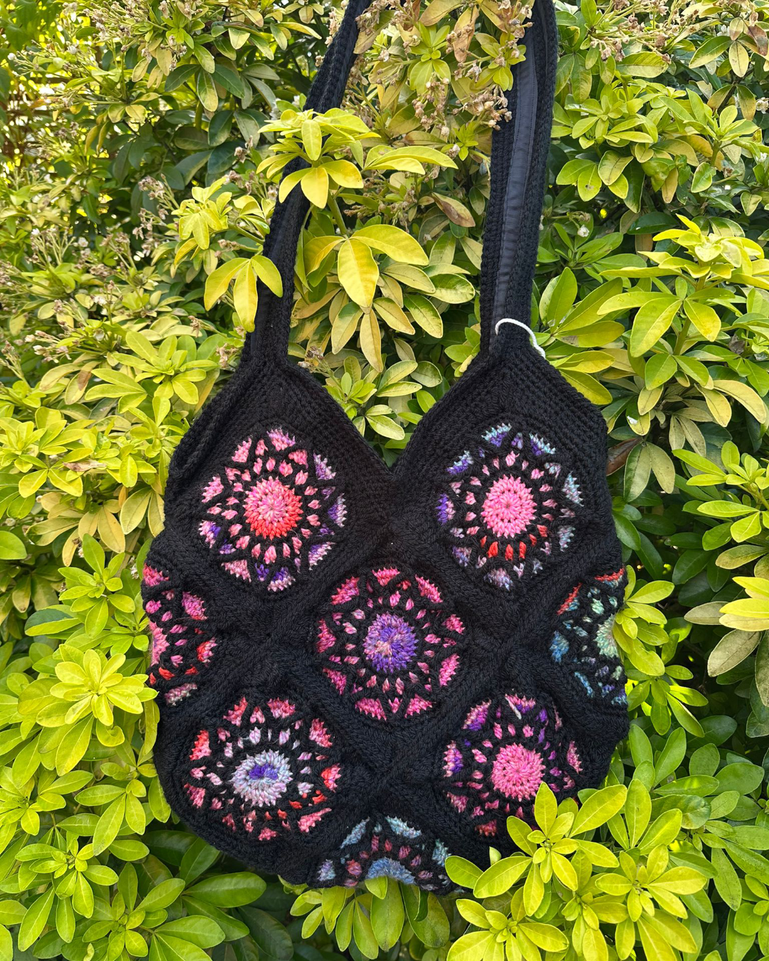 Stained glass crochet granny square tote